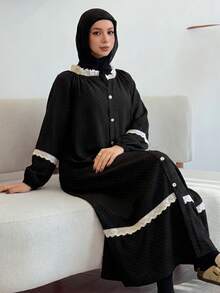 DAZY Contrast Color Ruffle Patchwork Polka Dot Lantern Sleeve Loose Women Nightgown - Black - View 5