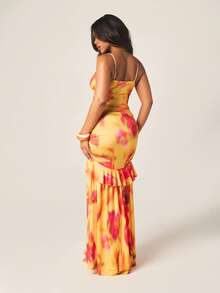 MISSGUIDED Women's Vibrant Tropical Pastal Ruched Spaghetti Strap Asymmetrical Ruffle Hem Maxi Dress Deep V Neck Summer Resort Evening Golf Gown Sexy - Multicolor - View 2