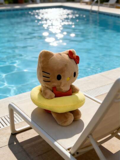 POKOJA LAND HELLO KITTY AND FRIENDS | Brown With Swimming Ring Kitty Plush Toy-Wear Swimsuit Kitty Cat Yellow Swimming Ring Kitty Plush Pendant Cute Polyester Stuffed Animal Keychain Pendant Bag Accessories Perfect For Girls Friends Kids Birthday, Thanksgiving Easter And Party Gift