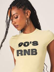 MISSGUIDED 女士90年代R&B复古风短袖圆领休闲黄色T恤，饰有醒目的字体印花，复古Y2K风格，夏季必备时尚单品 - 黃色 - 查看 5