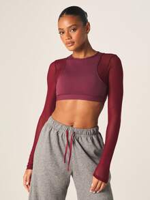MISSGUIDED Double Layered Open Back Sports Bra With Long Sleeves Burgundy Active Wear Training Top - Burgundy - View 1