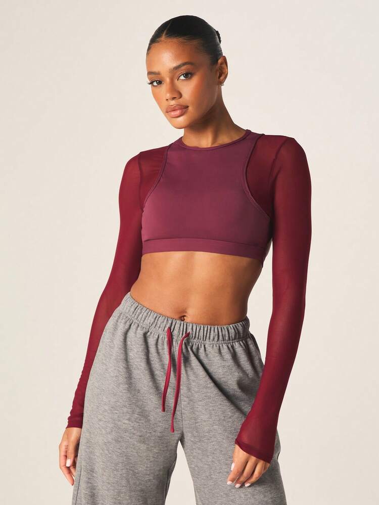 MISSGUIDED Double Layered Open Back Sports Bra With Long Sleeves Burgundy Active Wear Training Top