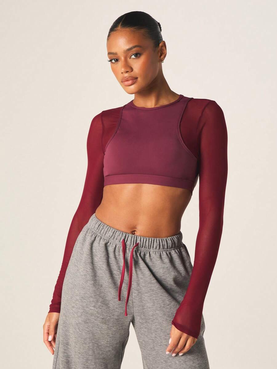 MISSGUIDED Double Layered Open Back Sports Bra With Long Sleeves Burgundy Active Wear Training Top - Burgundy - View 1