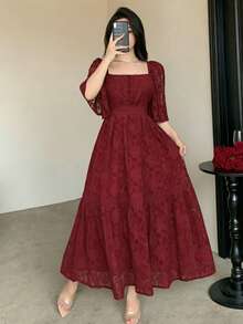 DAZY 撞色蕾丝全印花中长连衣裙，女士夏季波西米亚风连衣裙，女士度假装扮 - 酒紅色 - 查看 4