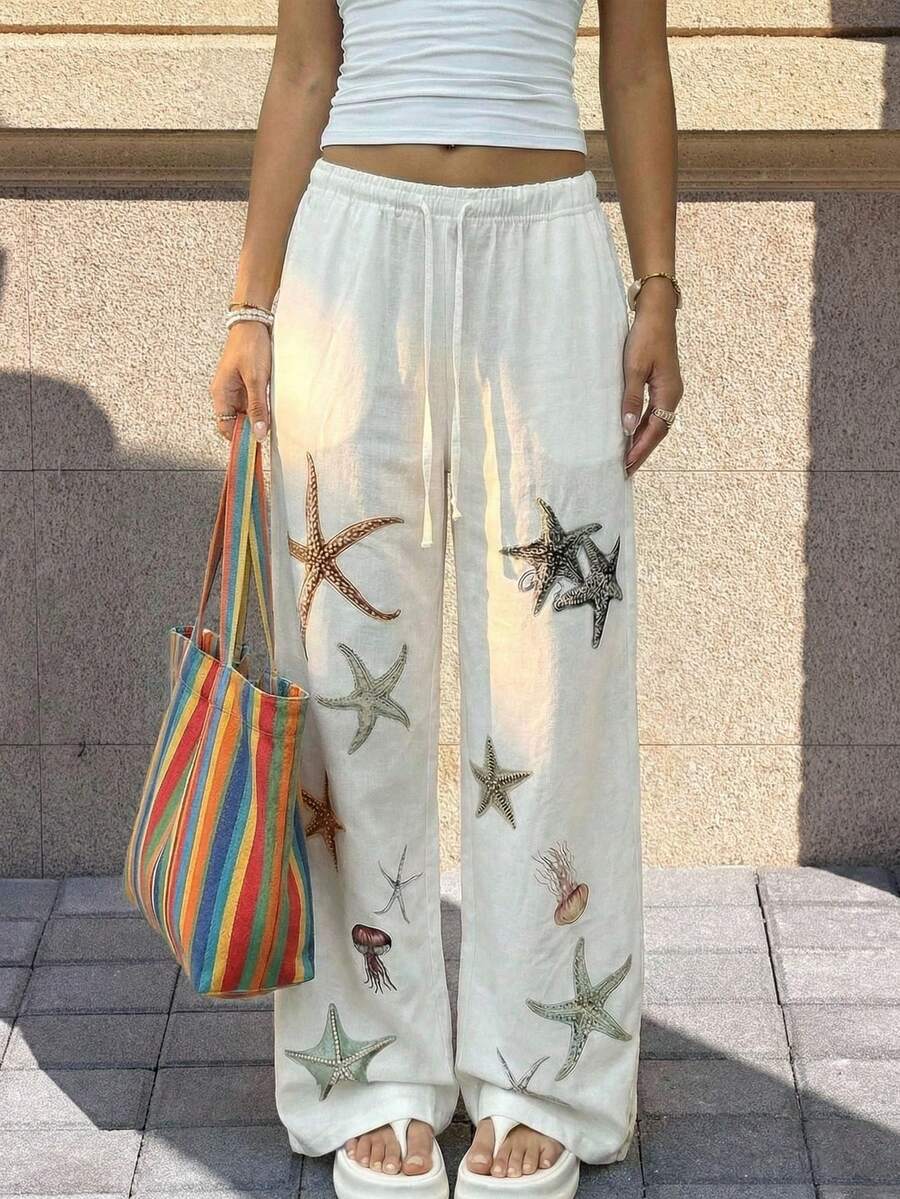 Muchica 白色梭织女式印花阔腿裤 - 白色 - 查看 1