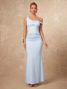 Lumalex 简约复古闪亮假日派对感恩节装扮狂欢节郊游游泳度假波西米亚风海滩热门户外层次丰富的婚礼季宴会成人礼海滩海边女士纯色浅蓝色不对称领口内置胸垫收腰连衣裙单肩连衣裙长款紧身连衣裙优雅连衣裙,秋季婚礼宾客连衣裙,夏季连衣裙,优雅连衣裙 - 淺藍色 - 查看 6