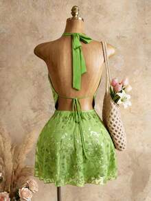 Mistrie 女士花卉亮片垂褶领性感度假连衣裙 - 綠色 - 查看 3