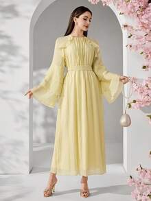 Solavon 女士优雅纯色纹理腰部喇叭袖连衣裙，春夏款 - 黃色 - 查看 2