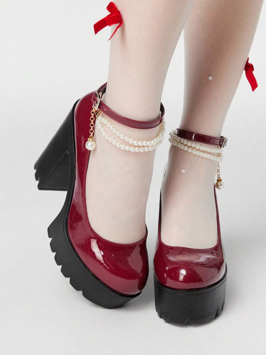 ROMWE Kawaii Giày cao gót đế xuồng thời trang và thanh lịch dành cho nữ, phong cách Punk Gothic với ngọc trai giả và dây xích kim loại co giãn, quai đeo mắt cá chân có khóa cài, đế dày chống thấm nước, thích hợp cho tiệc tùng, lễ hội, hộp đêm, đi làm, phong cách thập niên 2000. - Rượu vang - Xem 1