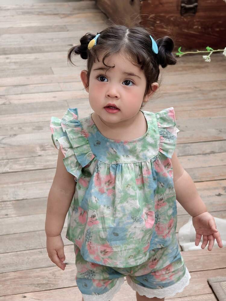 2pcs Baby Girls' Floral Print Ruffle Collar Shirt And Shorts Set, Summer
