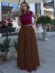 Jeta Ari 女士褶饰高腰 A 字型优雅正品口袋半身裙 - 棕色 - 查看 4