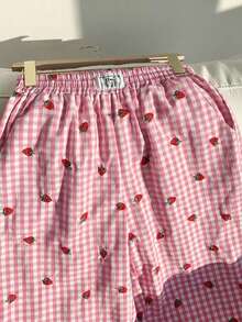 Comfortcana Light Pink Plaid Strawberry Embroidered Woven Women's Pants - Baby Pink - View 8