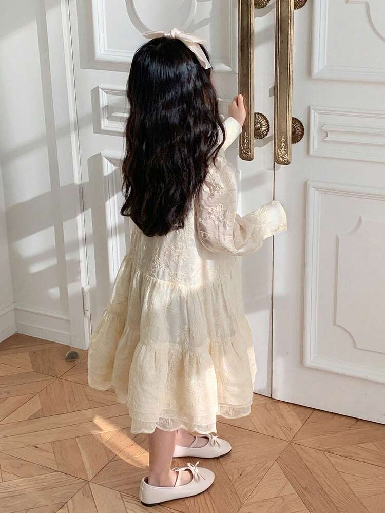 Young Girl Elegant Solid Color Embroidered Ruffle Hem Dress