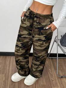 SHEIN EZwear Knitted Casual Military Green Camouflage Print Women Pants - Multicolor - View 1