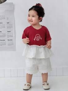 DAZY Blusa de manga corta con cuello redondo, volantes y contraste de color para niñas pequeñas - Rojo - Ver 8