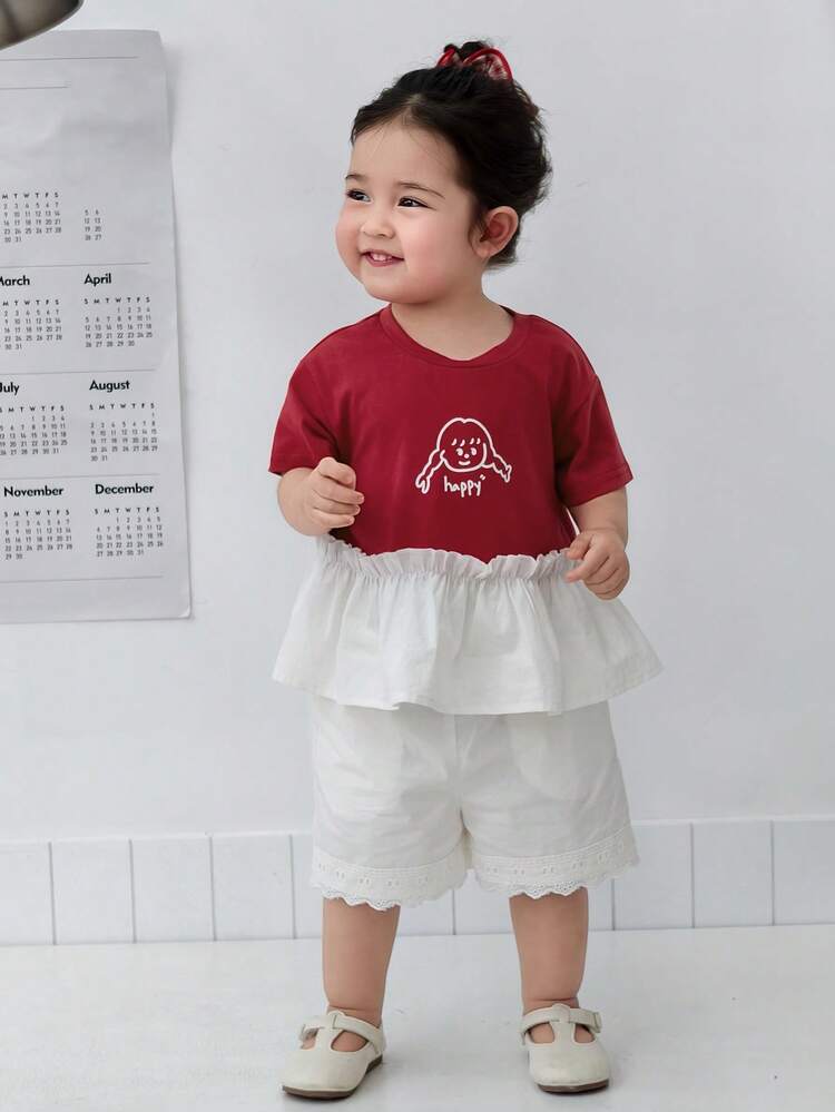 Baby Girls' Round Neck Cartoon Short Sleeve Contrast Color Ruffle Trim Top Summer