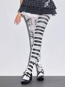 ROMWE Kawaii 1Pair Of Retro Fairy Tale Forest Animal Print Pantyhose - Polka Dot Deer And Seal Print Opaque Women's Pantyhose, Suitable For Y2K Fashion Style, Going Out To Wear, Parties, Shopping And Taking Pictures, Etc - 白色 黑色 - 查看 3
