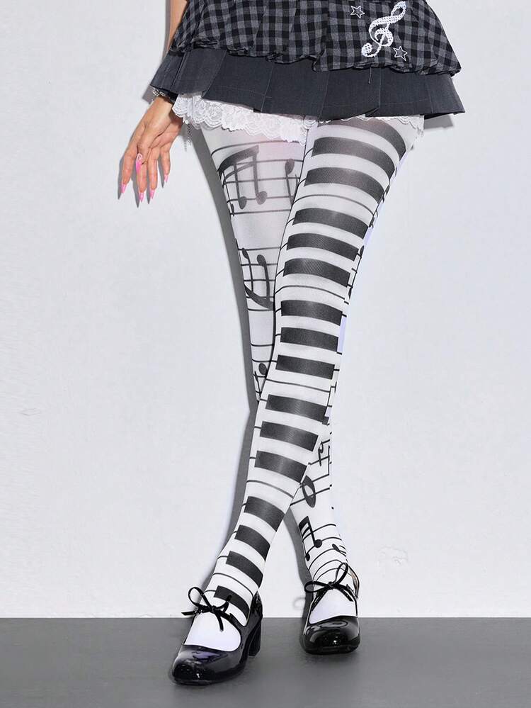 1Pair Of White Y2k Millennial Babes Music Note Piano Key Printing Design Stretch Socks, Pantyhose, Fashionable Simple And Versatile Women's Stockings, Suitable For Daily Commuting, Dating, Parties, Shopping, Etc - Black and White - View 3
