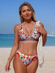 Swim Lushoire Bộ đồ bơi hai mảnh kín đáo cổ chữ V viền hoa mới cho nữ, thích hợp cho mùa xuân/hè. - Nhiều màu - Xem 1