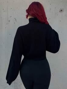 Bearsaez 纯色罗纹针织高领套头衫，百搭款式，学校风，长袖上衣 - 黑色 - 查看 2