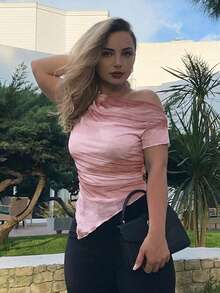 Jeta Ari 女式新款时尚扎染印花不对称肩短袖T恤 - 粉色 - 查看 1