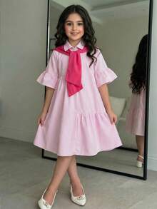 SHEIN 少女度假休闲学院风条纹拼接撞色水手领喇叭袖短袖衬衫裙，适合返校、日常出行 - 粉色 - 查看 2