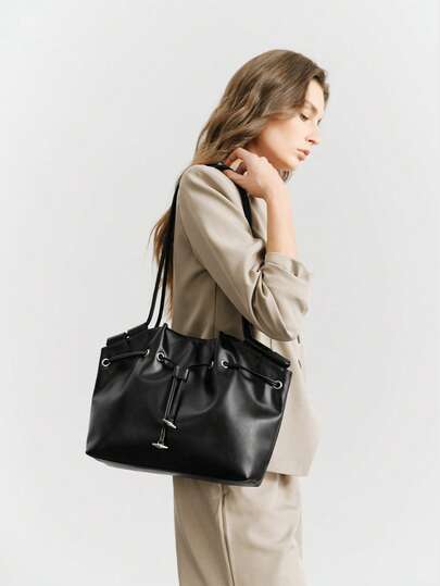 SHECARRY 大容量都市风纯色时尚女士单肩包，抽绳吊坠精致个性化通勤包，大容量休闲手提包