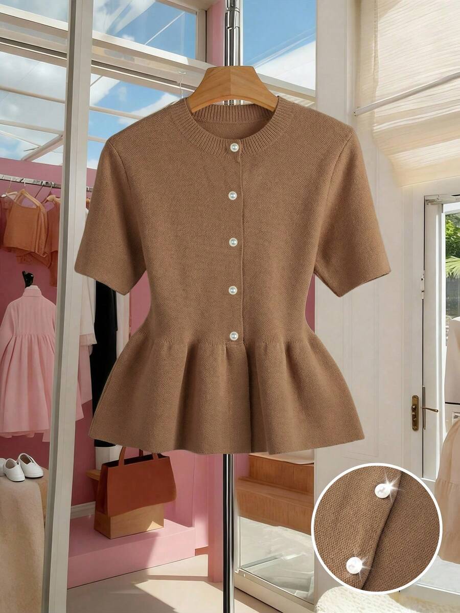 SHEIN Franclia 女士纯色圆领单排扣休闲日常针织短袖上衣 - 棕色 - 查看 1