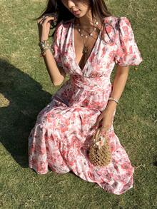 KARISMINA Women's Elegant V-Neck Floral Print Orange And White Maxi Dress,Summer Boho Garden Party Holiday Outfits,Cottagecore Wedding Guest Dress - Orange - View 10