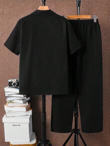 2件套休闲青少年男童字母橡皮章男童AB撞色短袖衬衫+绅士长裤，春夏秋季休闲正装宽松版型，百搭日常穿着、通勤、户外、运动、上学、街头风、派对等场合皆宜，适合春夏穿搭。 - 黑色 - 查看 2