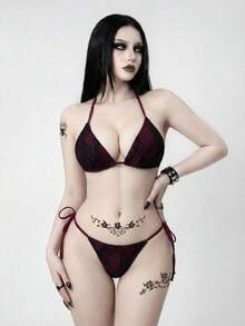 ROMWE Goth Women's New Maroon Base With Black Lace V-Neck Halter Backless Triangle Tie-Up Bikini Swimwear 2-Piece Set, Spring/Summer - Burgundy - View 6