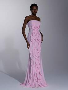 Elitara Đầm maxi cúp ngực thanh lịch, lãng mạn, chất liệu chiffon dệt đính ngọc trai, xếp lớp bồng bềnh, dáng đuôi cá, thích hợp cho các lễ hội, đám cưới, dạ hội, hòa nhạc, sự kiện kinh doanh, và các dịp dành cho người nổi tiếng trên mạng xã hội. - Hồng - Xem 1