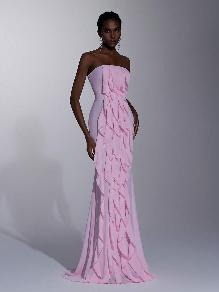 Elitara Đầm maxi cúp ngực thanh lịch, lãng mạn, chất liệu chiffon dệt đính ngọc trai, xếp lớp bồng bềnh, dáng đuôi cá, thích hợp cho các lễ hội, đám cưới, dạ hội, hòa nhạc, sự kiện kinh doanh, và các dịp dành cho người nổi tiếng trên mạng xã hội. - Hồng - Xem 1