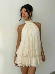 Aloruh Đầm ngắn cổ yếm màu trắng, thanh lịch, thích hợp cho tiệc tùng, kỳ nghỉ, lễ hội âm nhạc, biểu diễn. - Màu be - Xem 7