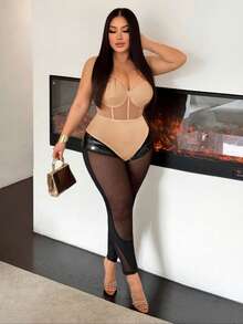 SHEIN SXY Plus Size Women's Sexy Apricot Spaghetti Strap Mesh Patchwork Bustier Bodysuit, Suitable For Street, Casual, Sexy, Daily Travel, Shopping, Dating, Cool And Comfortable To Wear, Easy To Match & Looks Slim, Accentuates Your Body, Flatters The Figure - Apricot - View 4