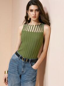 Revavyn Women's Color Block Fitted Casual Everyday Top - Army Green - View 1