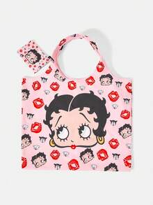 Betty Boop x SHEIN 1 pieza, bolsa de compras plegable con patrón de labios rojos y perro rosa, bolsa de tela impermeable de gran capacidad. - Rosa Pálido - Ver 2