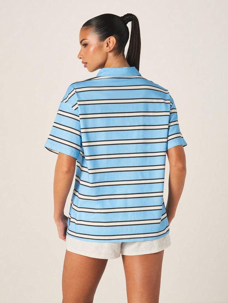 Missguided x Playboy Women's Horizontal Striped Oversized Collared Polo Shirt Casual Retro Summer Top With Logo Print Short Sleeve Cotton Tee