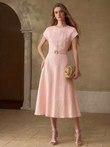 MOTF PREMIUM WOMEN'S 100% LINEN ROUND NECK SHORT SLEEVE MIDI CASUAL/DATE DRESS, SPRING/SUMMER - Pink - View 5