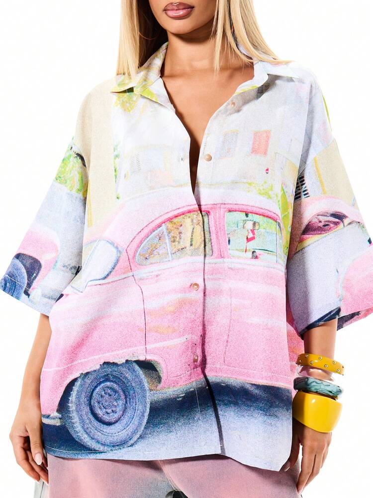 SUMWON WOMEN Oversized Button Down Shirt With Vintage Print