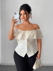Elenzga Plus Size Women's Elegant White Summer Blouse,French Style Off Shoulder Ruffled Embroidered Lace Fitted Top For Vacation,Holiday,Parties,Weddings - Apricot - View 8