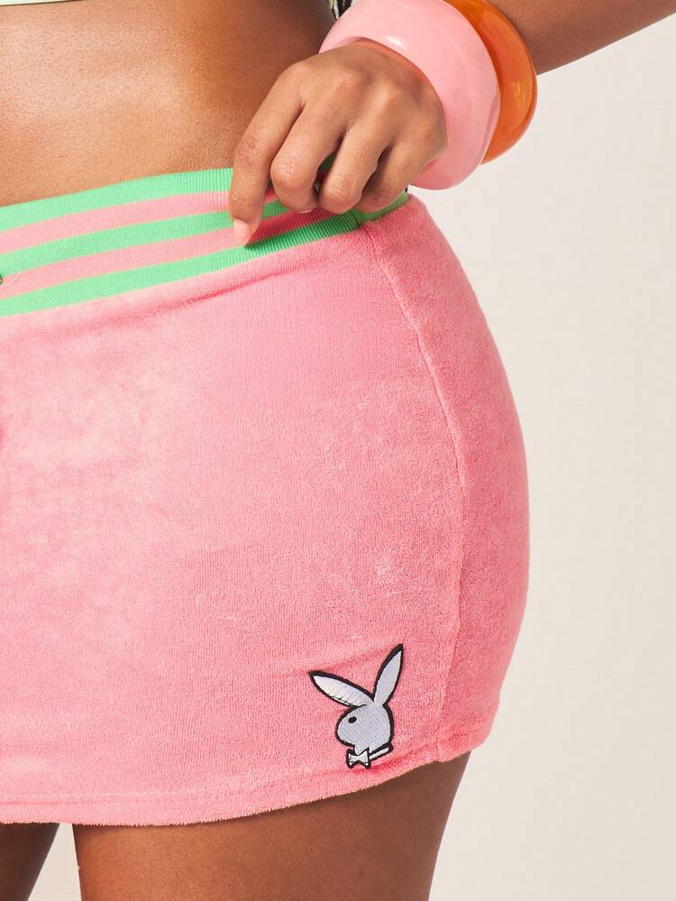 Missguided x Playboy Pink Mini Skirt With Green Striped Waistband Drawstring Closure Bunny Logo Casual Bodycon Summer Bottom
