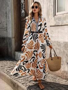 SHEIN Holidaya Đầm dài tay cổ chữ V in họa tiết không đều, dáng rộng thoải mái, thích hợp đi nghỉ mát, đi biển, có bèo nhún, phong cách Boho Bohemian, mẫu đầm dài mới cho mùa xuân/hè. - Nhiều màu - Xem 6