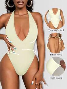 Sirith Women's Solid Color Seamless Plunging V-Neck Bodysuit Backless - Beige - View 3