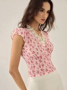 Gaivellea Áo kiểu nữ tay ngắn ôm dáng, cổ ren, phong cách đồng quê. - Hồng - Xem 1