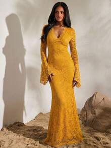 Opulessa Vestido de punto de color liso con volante de encaje en el bajo para mujer - Amarillo - Ver 5
