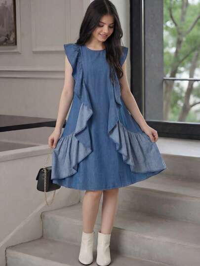 Lös, avslappnad, elegant, rund halsringning, volangkant, mellanlång klänning för tonårsflickor