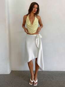 Aloruh Women's New Elegant Sexy Romantic Fashionable Minimalist Sexy Modern Wedding Guest Party Vacation Asymmetrical Hem Tie-Waist Skirt, Summer - White - View 8