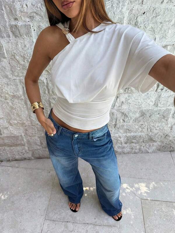 Aloruh New Elegant Commuter Asymmetrical Ruffle Design Metal Decor Cinched Waist Blouse, Spring/Summer