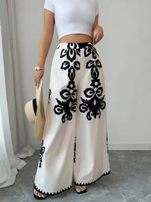 SHEIN Elenzya Pantalones anchos estampados para mujer, elegantes, casuales para vacaciones, viajes, moda, citas, estilo francés retro, versátiles para primavera y verano, con estampado en color negro sobre base color albaricoque, nuevos pantalones anchos - Multicolor - Ver 5